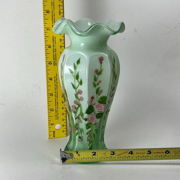 Cased Milk Green Glass Vase Hand Painted Pink Roses Floral Flower Ruffled Top - Picture 11 of 11